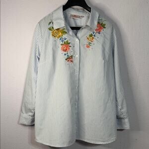 Quacker Factory Women Blue Striped Floral Embroidered Button-Up Shirt Size XL